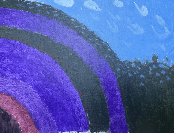 Participant painting: a pink archway opening into a light blue space with small blooming flowers