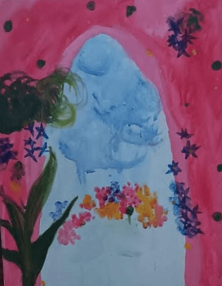 Participant painting: purple and blue arcs over a dark landscape with red dots, emerging into blue sky